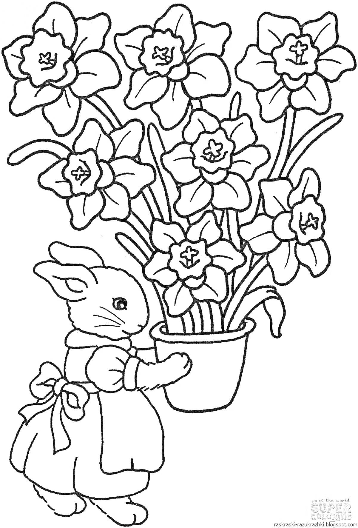 На раскраске изображено: Цветы, Кролик, Для детей, Нарциссы, Растения, Весна, Горшки, Милые персонажи