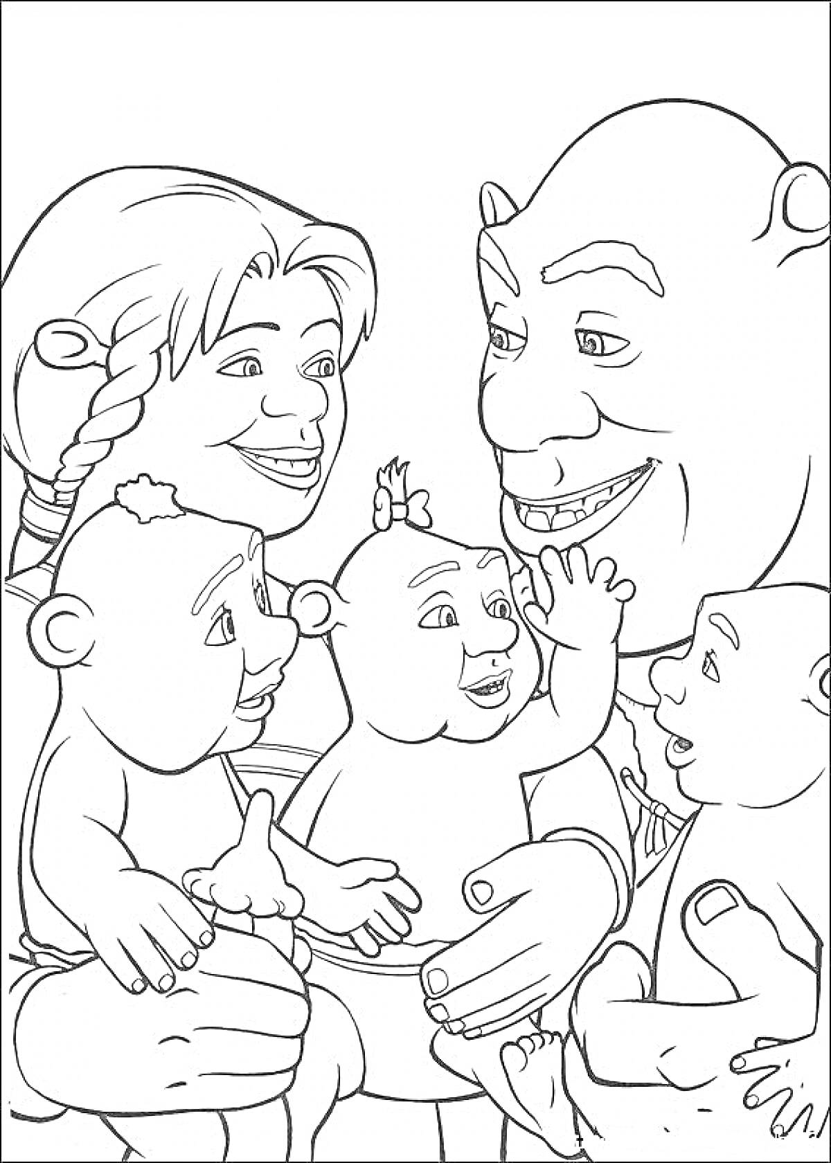 Раскраска Шрек с женой и детьми
