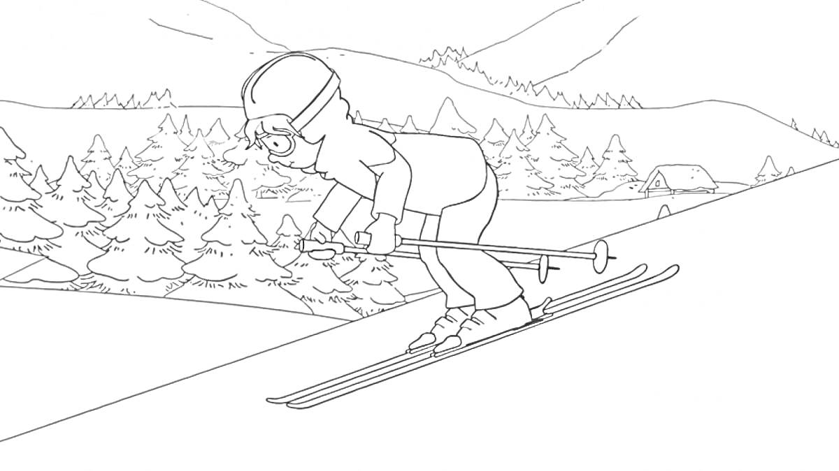 Лыжник на склоне с зимней горной деревней и еловым лесом на заднем плане