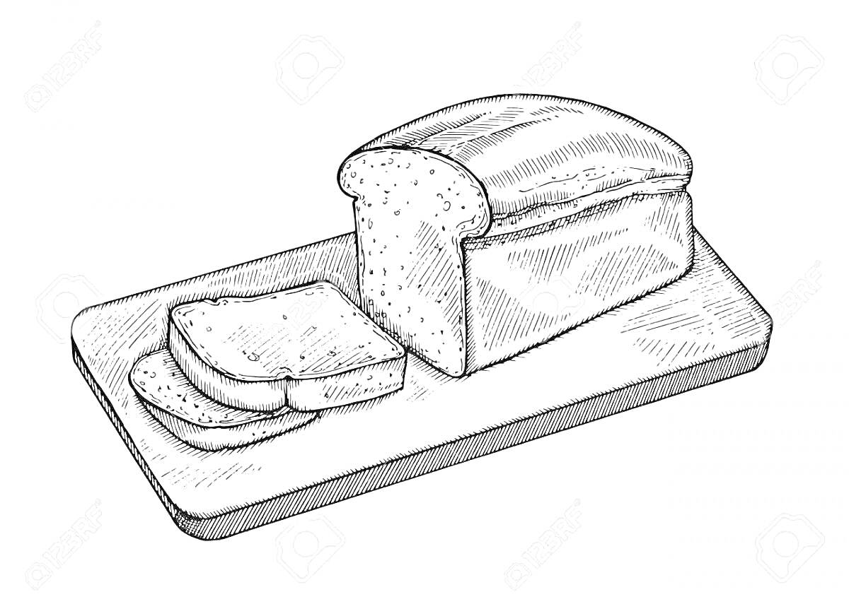 На раскраске изображено: Хлеб, Кусок хлеба, Нарезанный хлеб, Разрезанный, Буханка, Разделочная доска