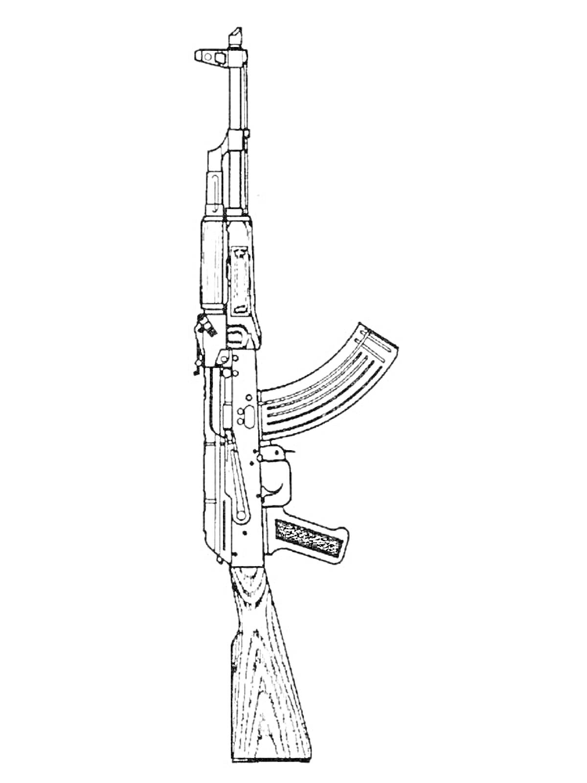На раскраске изображено: Автомат Калашникова, АК-47, Оружие, Автомат, Деревянный приклад