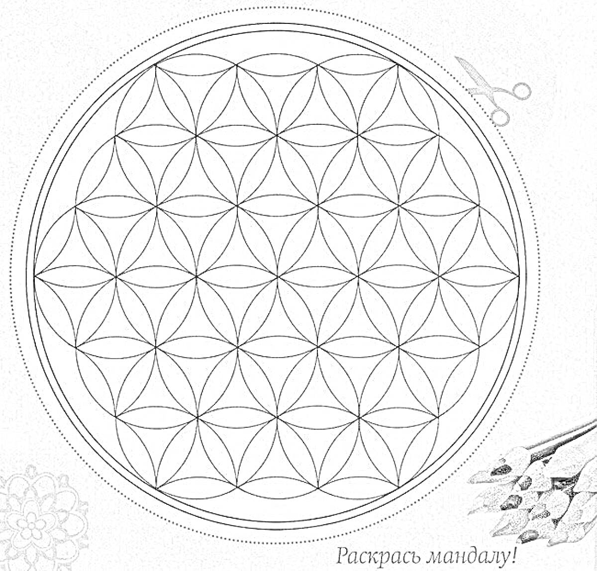 На раскраске изображено: Цветок Жизни, Мандала, Карандаши, Ножницы