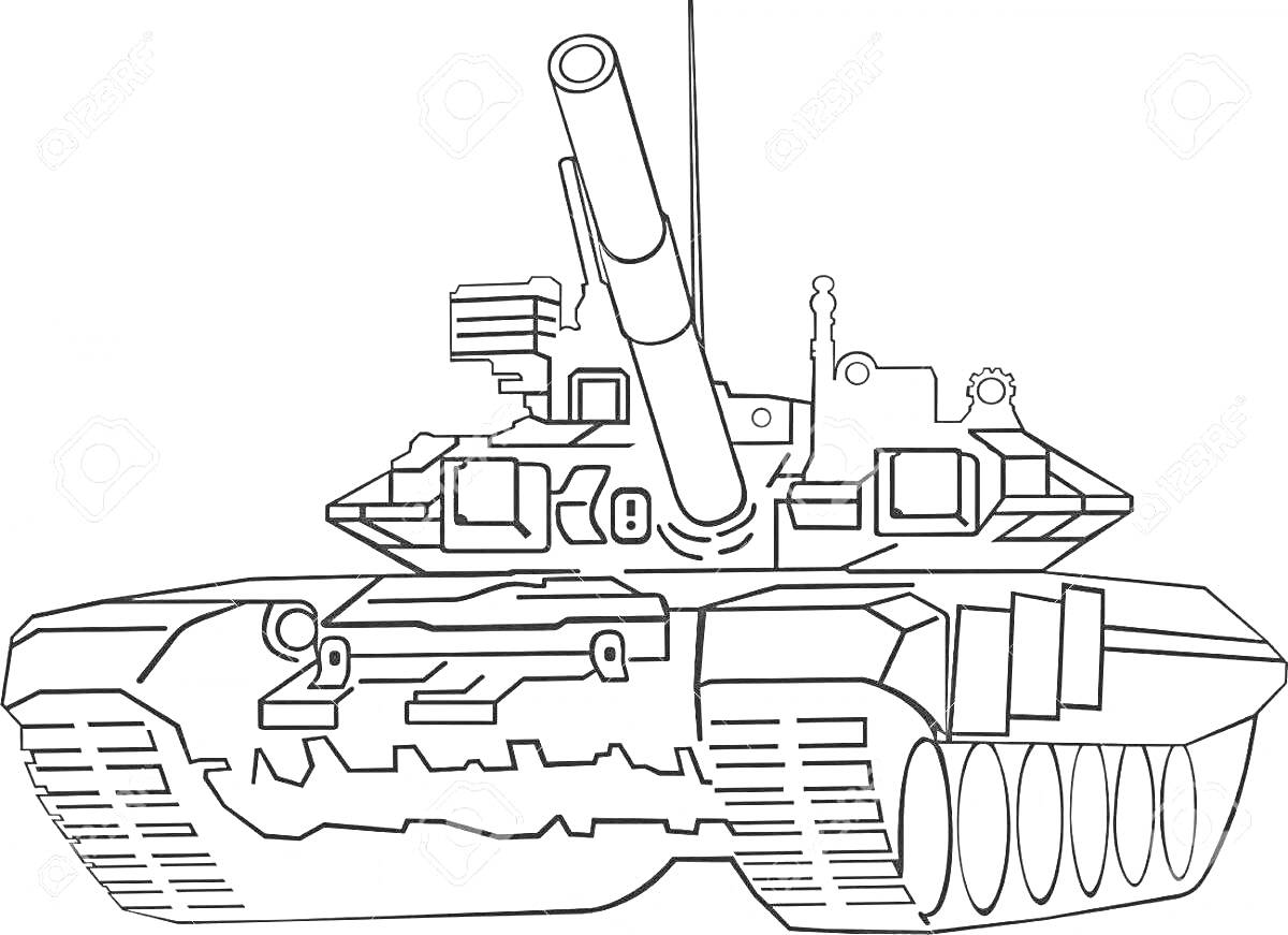 На раскраске изображено: Танк, Т-72, Военная техника, Гусеницы, Артиллерия