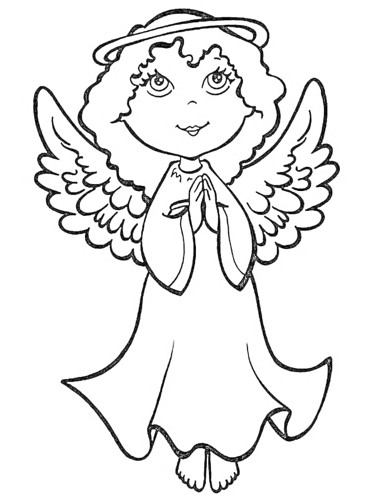 Раскраска Ангелочек с крыльями и нимбом, сложенные руки в молитве