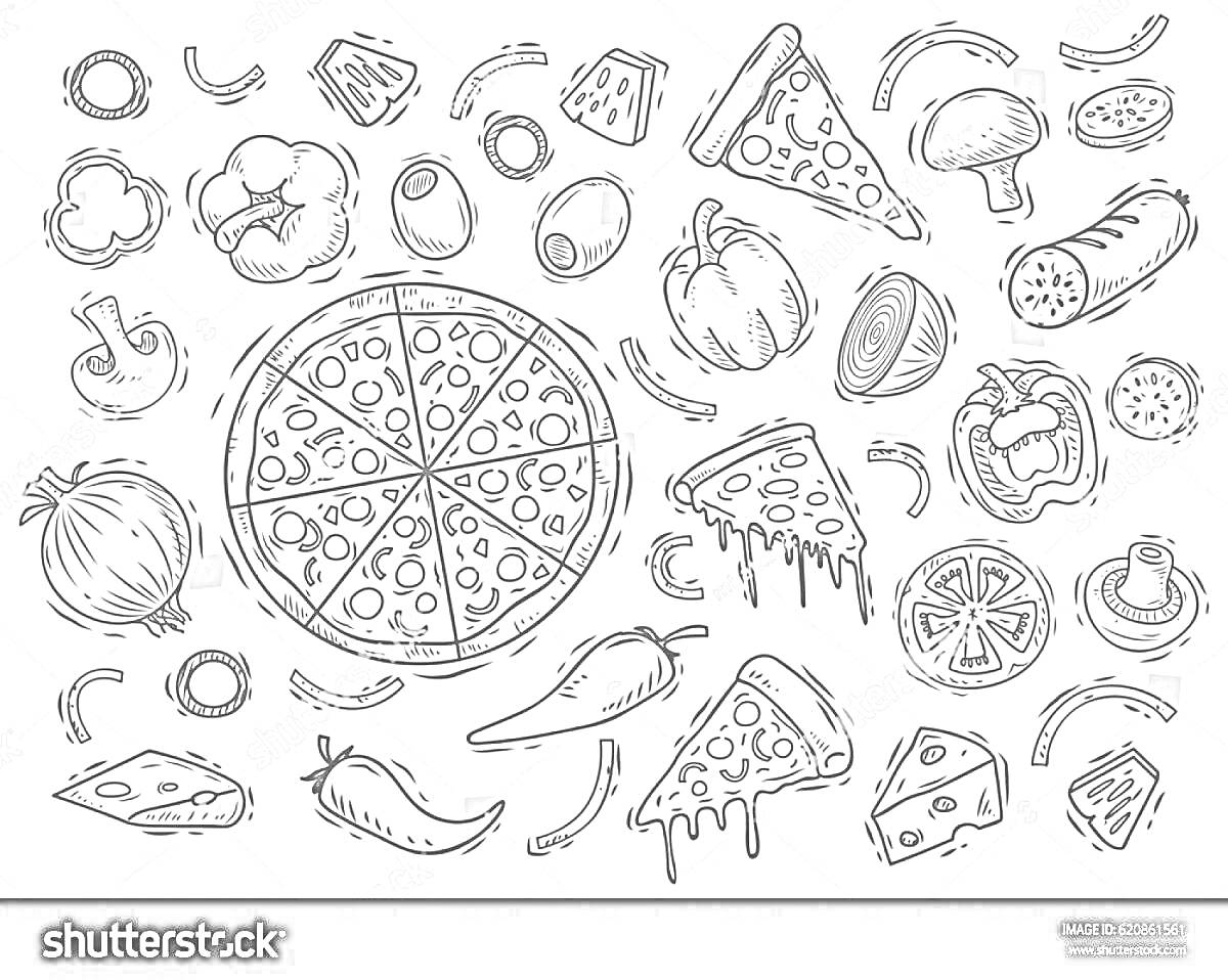 На раскраске изображено: Пицца, Перец, Болгарский перец, Лук, Грибы, Перец чили, Еда, Кулинария, Ингредиенты