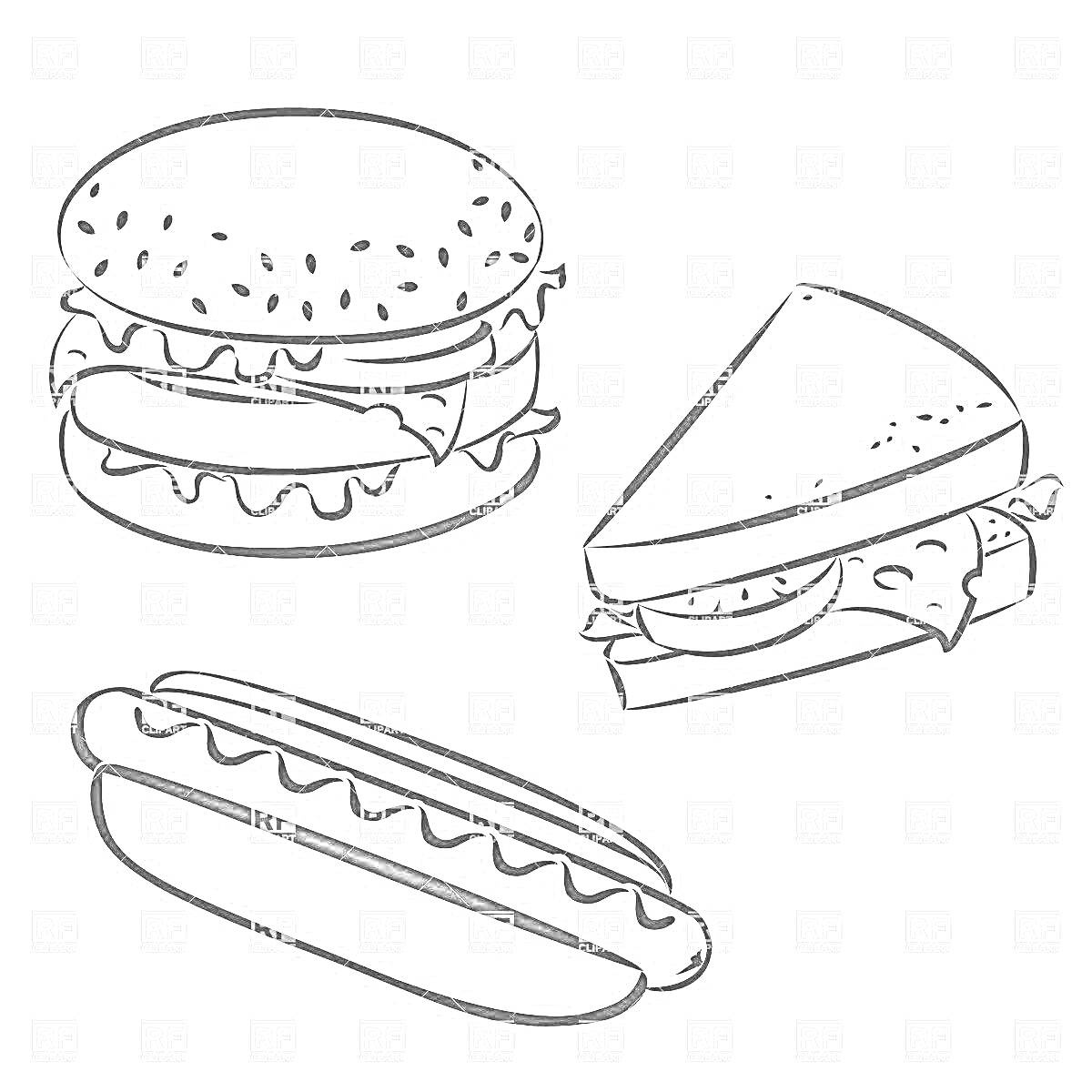 Раскраска Бургер с листом салата, треугольный бутерброд с сыром и помидором, хот-дог