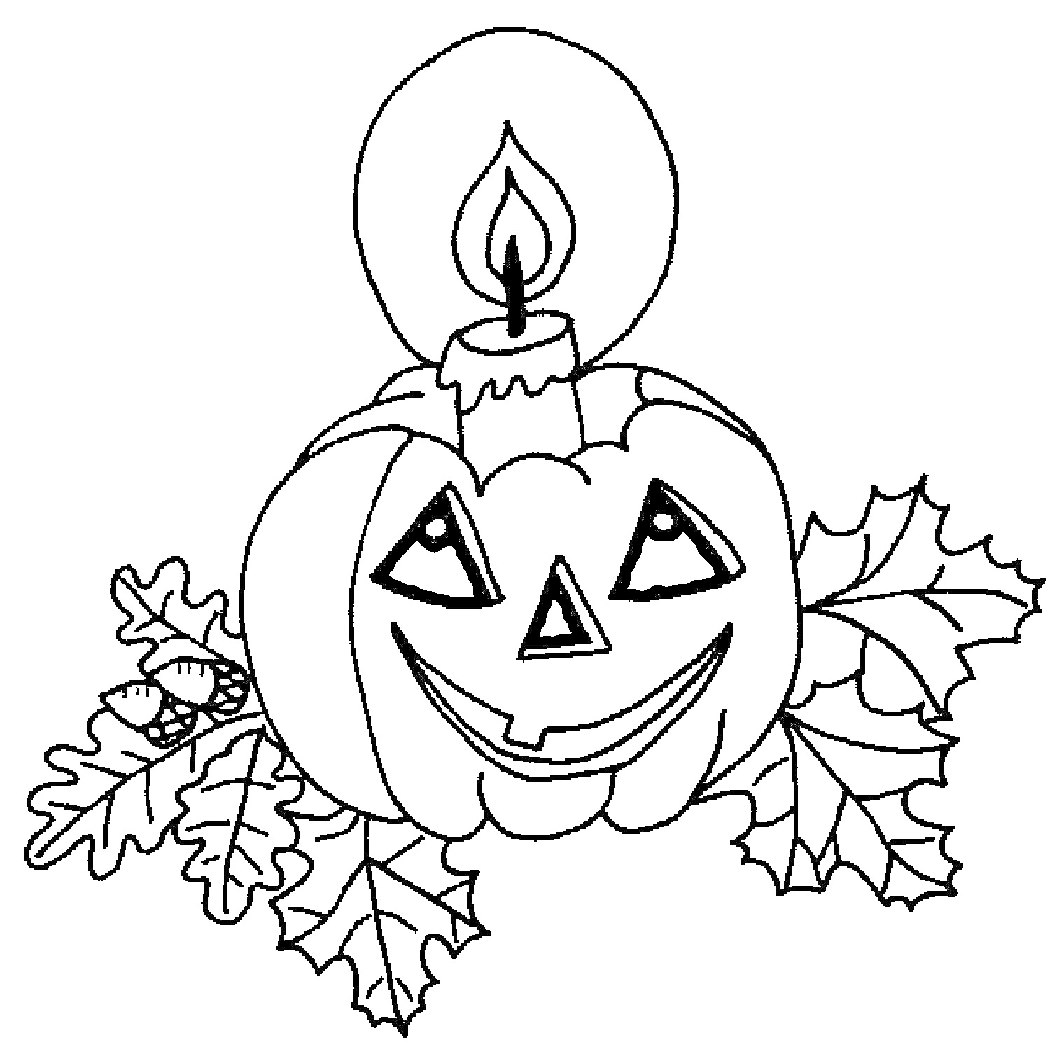 Раскраска Тыква с лицом, зажжённая свеча, дубовые листья и желудь