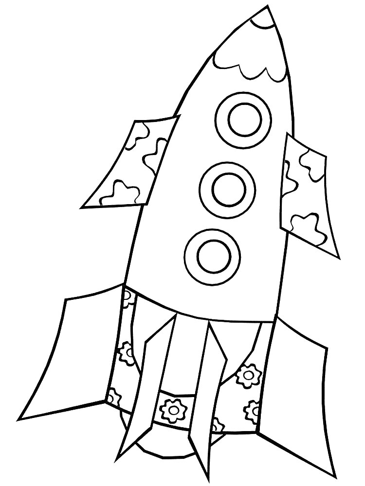 На раскраске изображено: Ракета, Иллюминаторы, Крылья, Хвост, Узоры, Галактика, Космос, Для детей