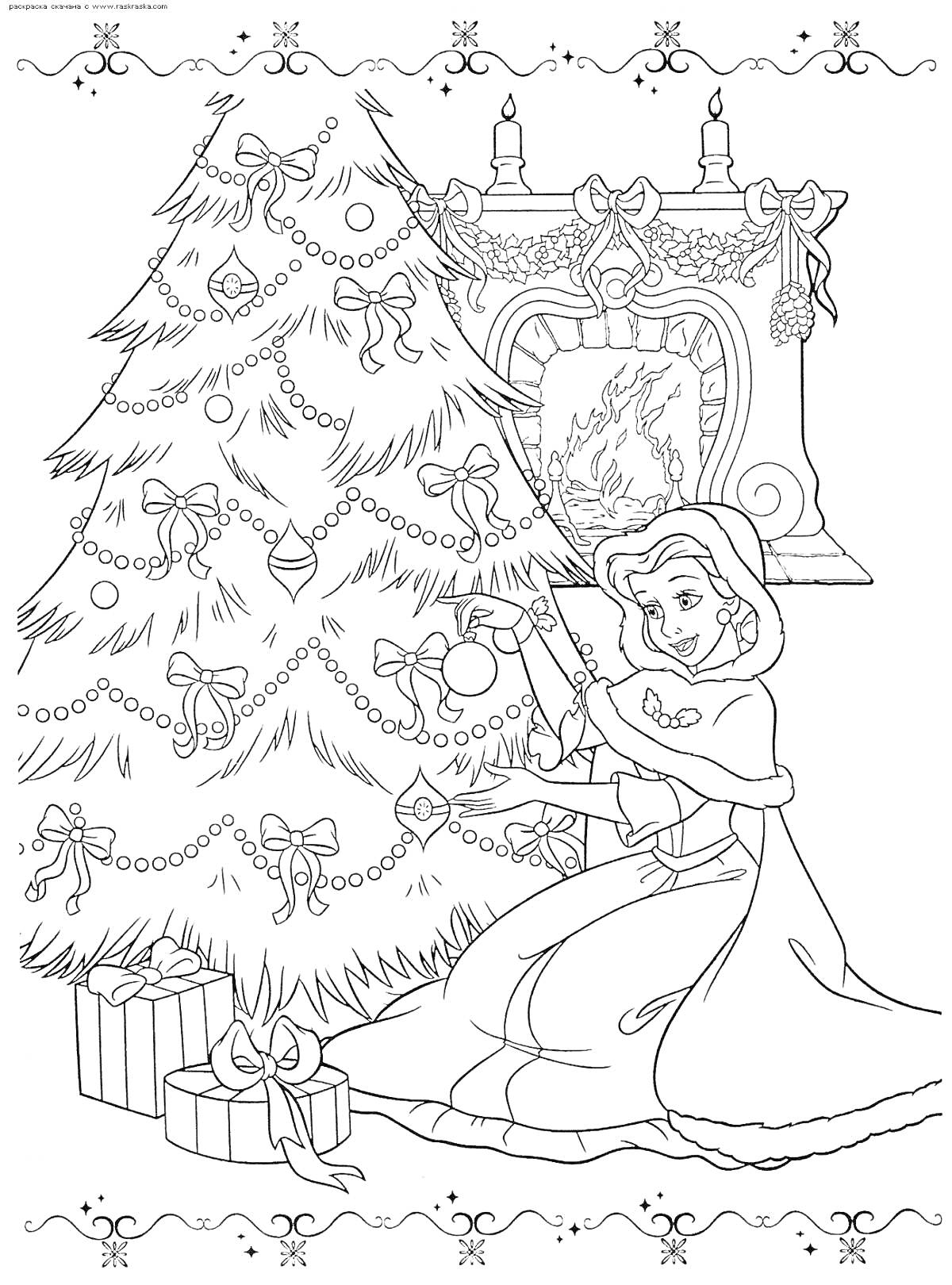 На раскраске изображено: Дисней, Принцесса, Рождественская елка, Украшения, Камин, Праздничные украшения, Подарки