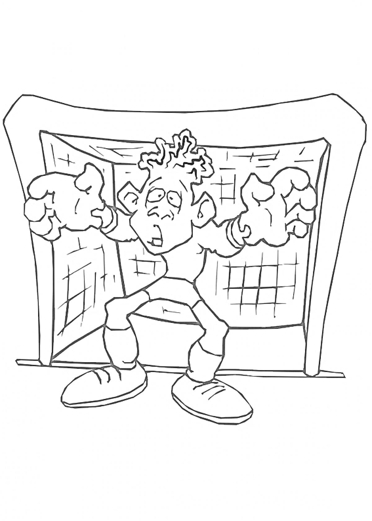 Раскраска Вратарь в футбольных воротах с растопыренными руками