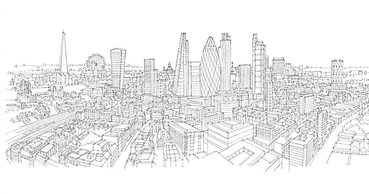 Раскраска современный город с небоскребами, колесом обозрения и жилыми кварталами