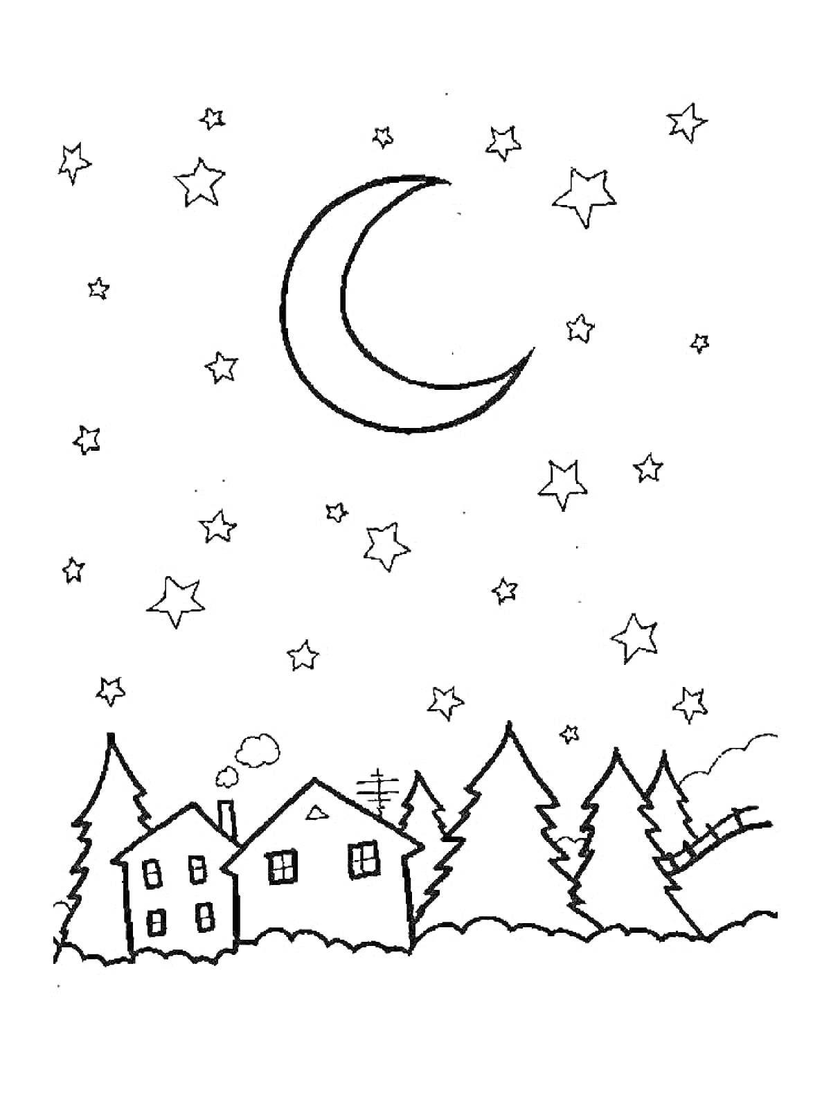 На раскраске изображено: Звезды, Луна, Полумесяц, Деревья, Звёздное небо, Ночь, Дом