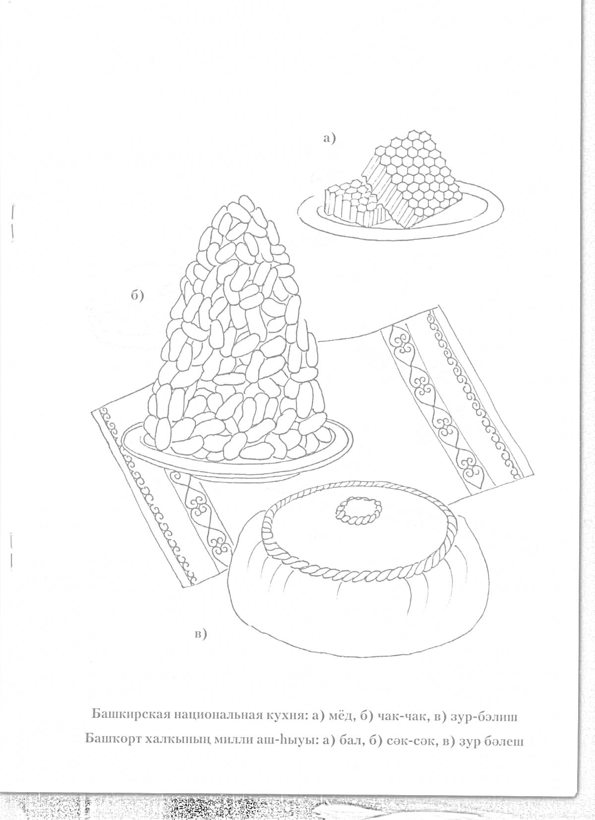 На раскраске изображено: Национальные блюда, Мед, Выпечка