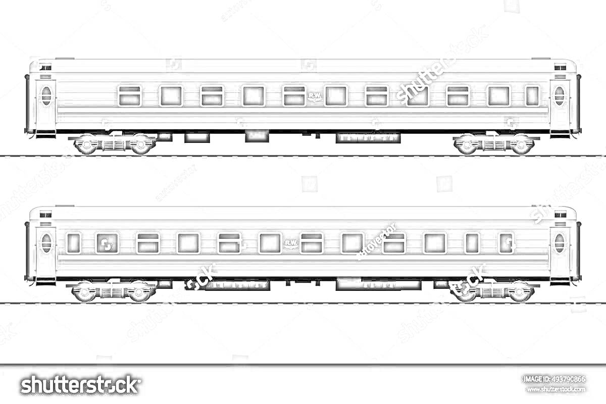 На раскраске изображено: Поезд, Железная дорога, Транспорт, Окна, Колеса, Вагоны