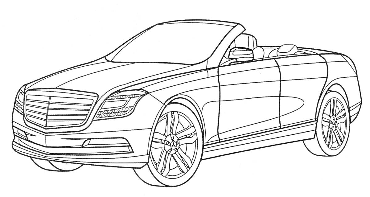 Раскраска Кабриолет будущего от Мерседес с открытым верхом, четырьмя колесами и современным дизайном