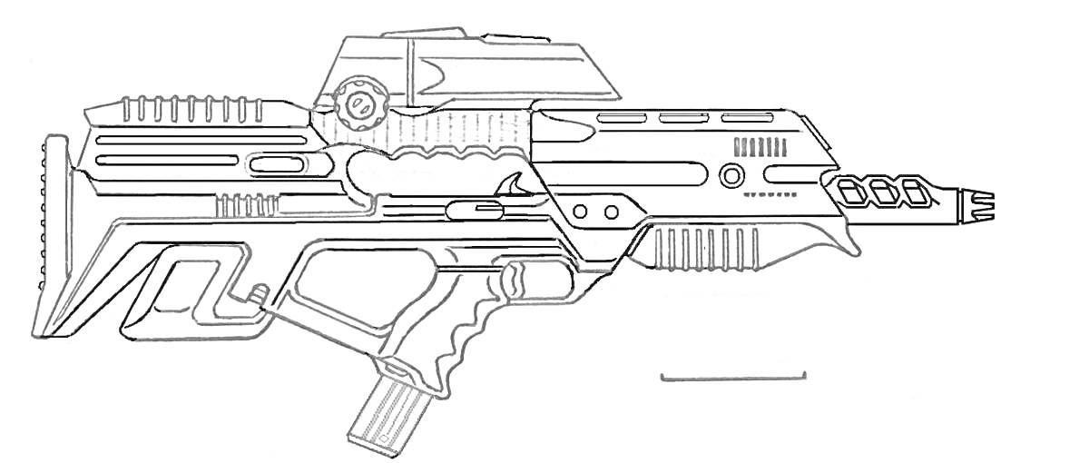 Раскраска Футуристическая штурмовая винтовка с прицелом и магазином
