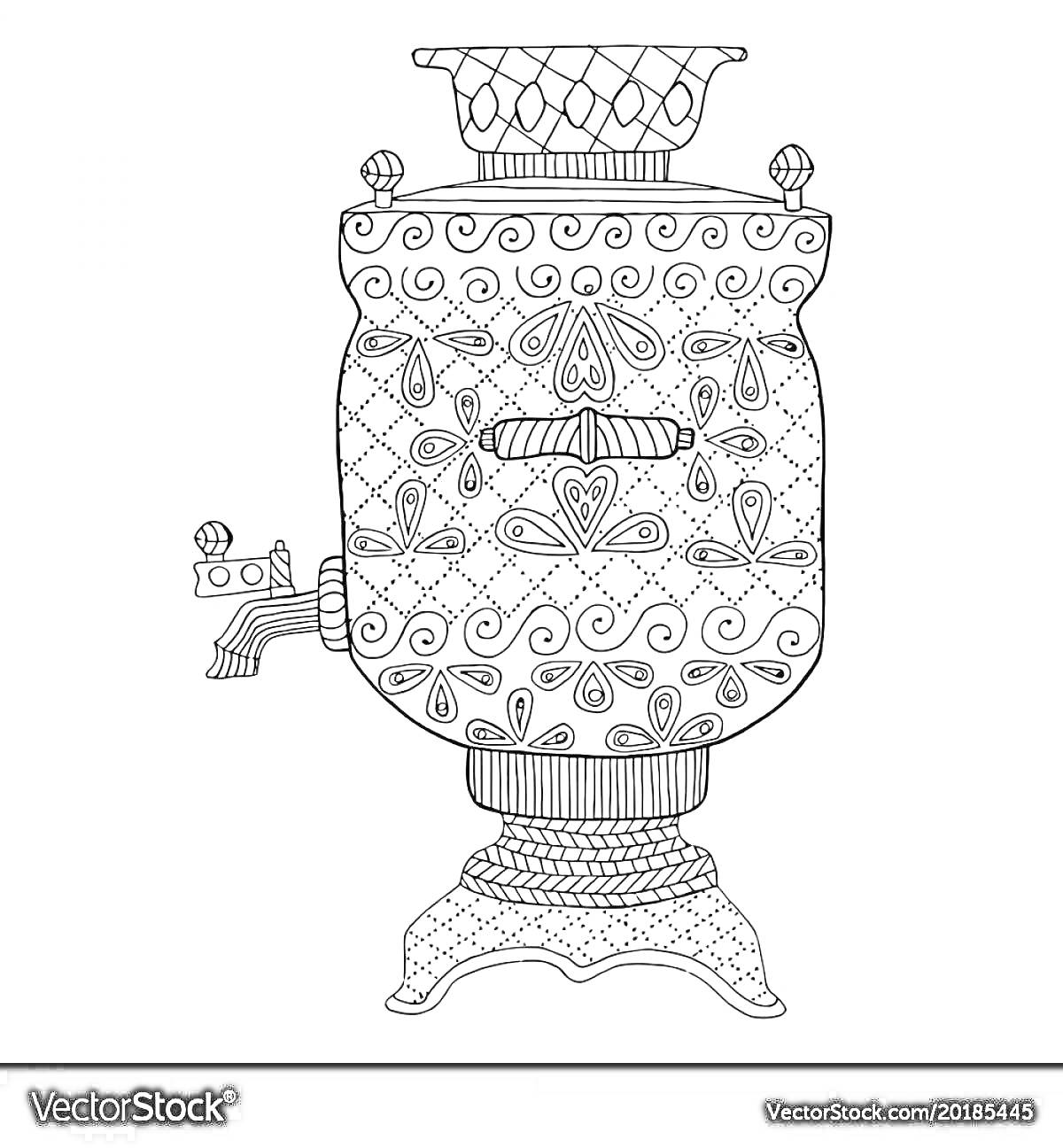 Раскраска Самовар в стиле хохлома с декоративной росписью, включая узоры из завитков и цветочных элементов