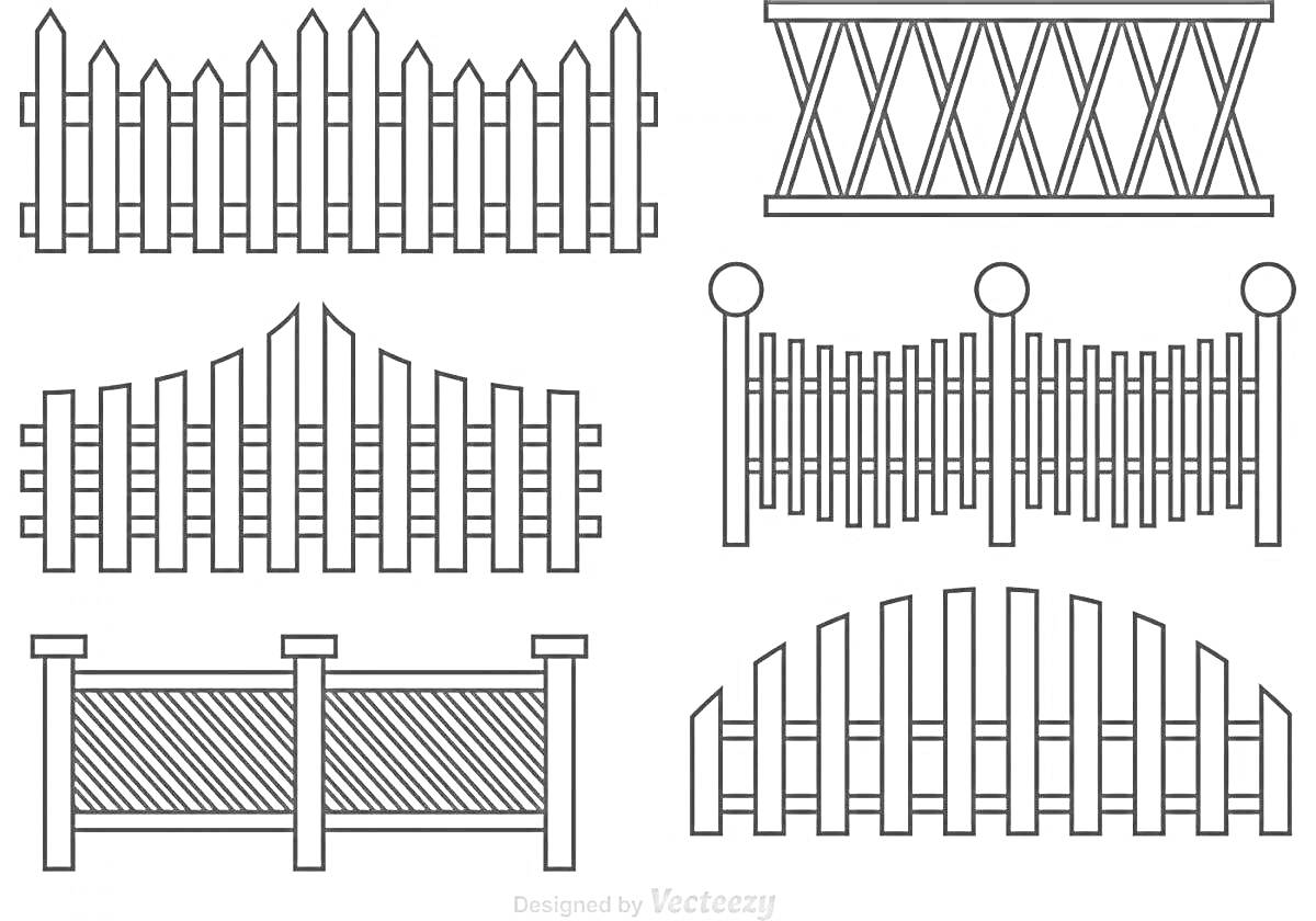 Раскраска с различными видами заборов - пикетный забор, забор с ромбовидной решеткой, современный забор с круглым верхом, забор с волнистым верхом, деревянный забор с наклонными досками, и забор с дуговым верхом
