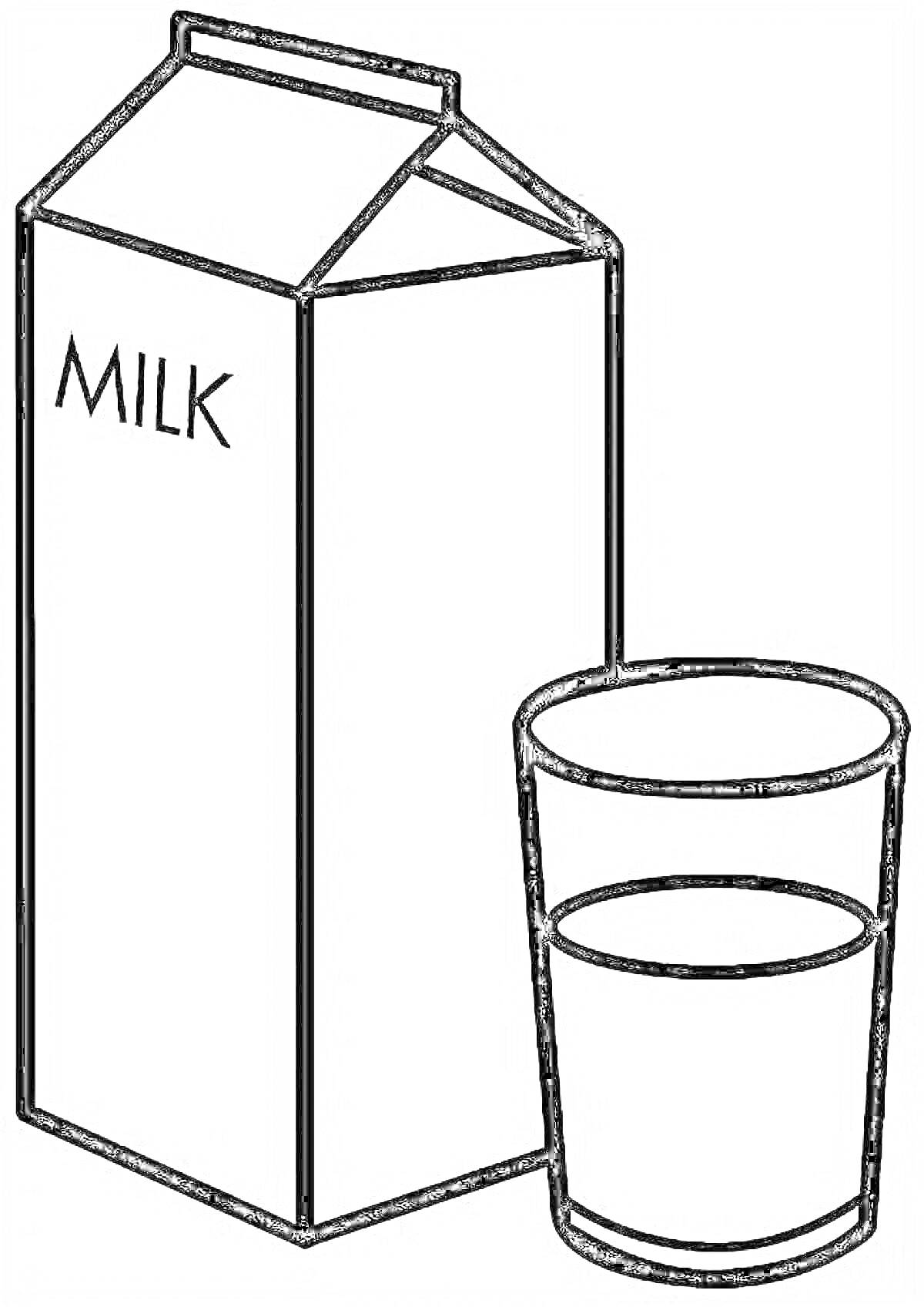 На раскраске изображено: Молоко, Упаковка, Стакан, Напиток, Еда, Для детей