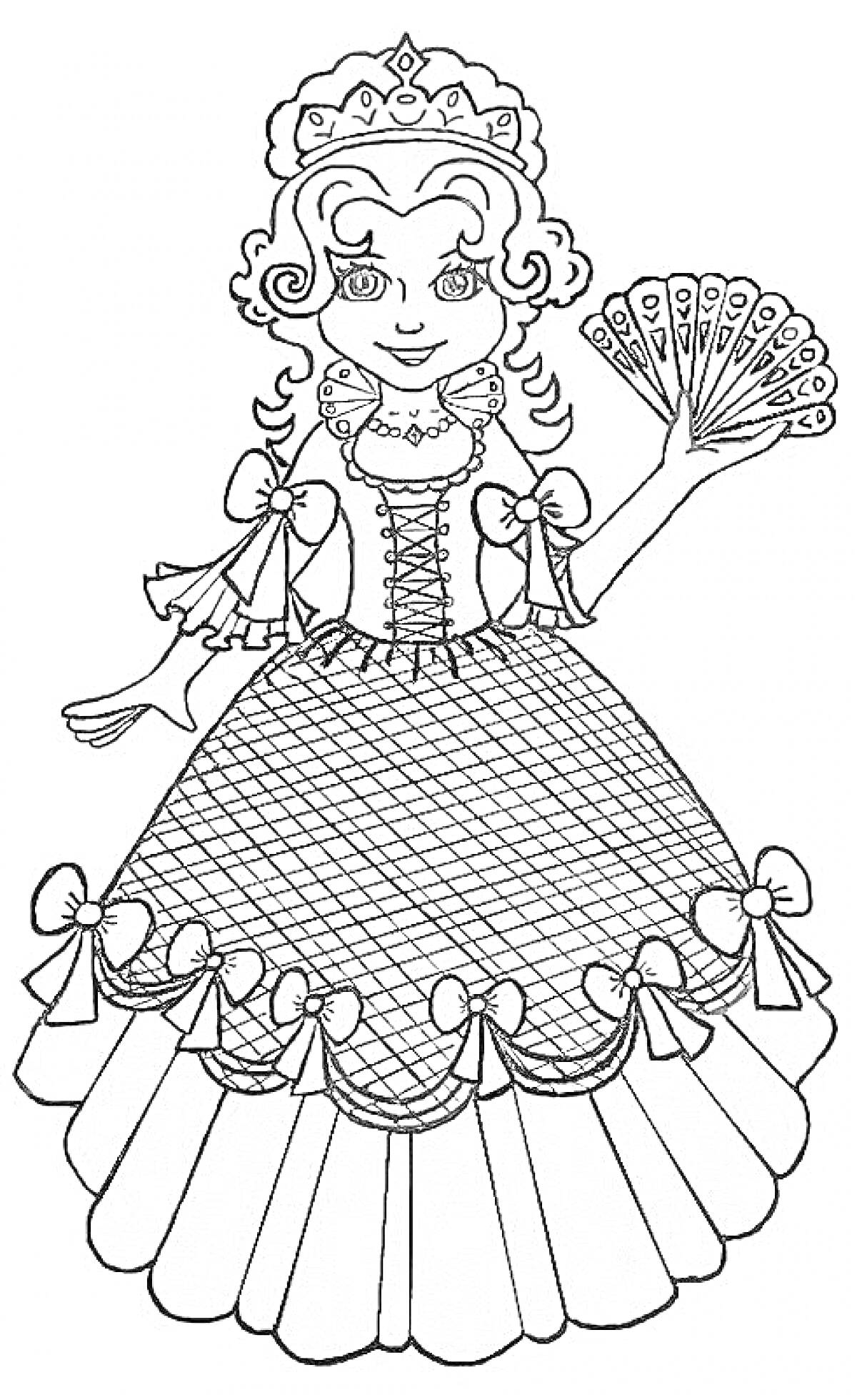 Раскраска Принцесса в новогоднем костюме с веером и бантиками