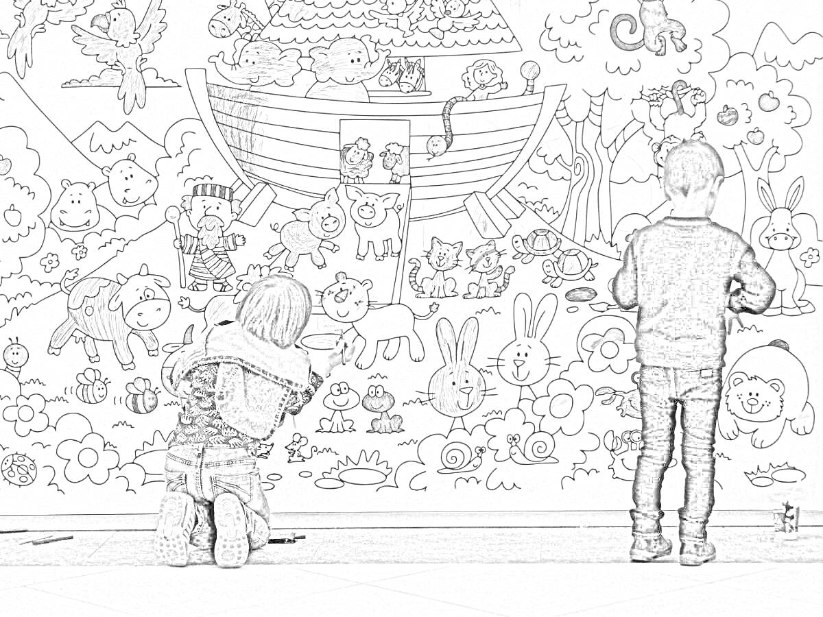 На раскраске изображено: Стена, Цветы, Корабль, Для детей, Деревья, Животные
