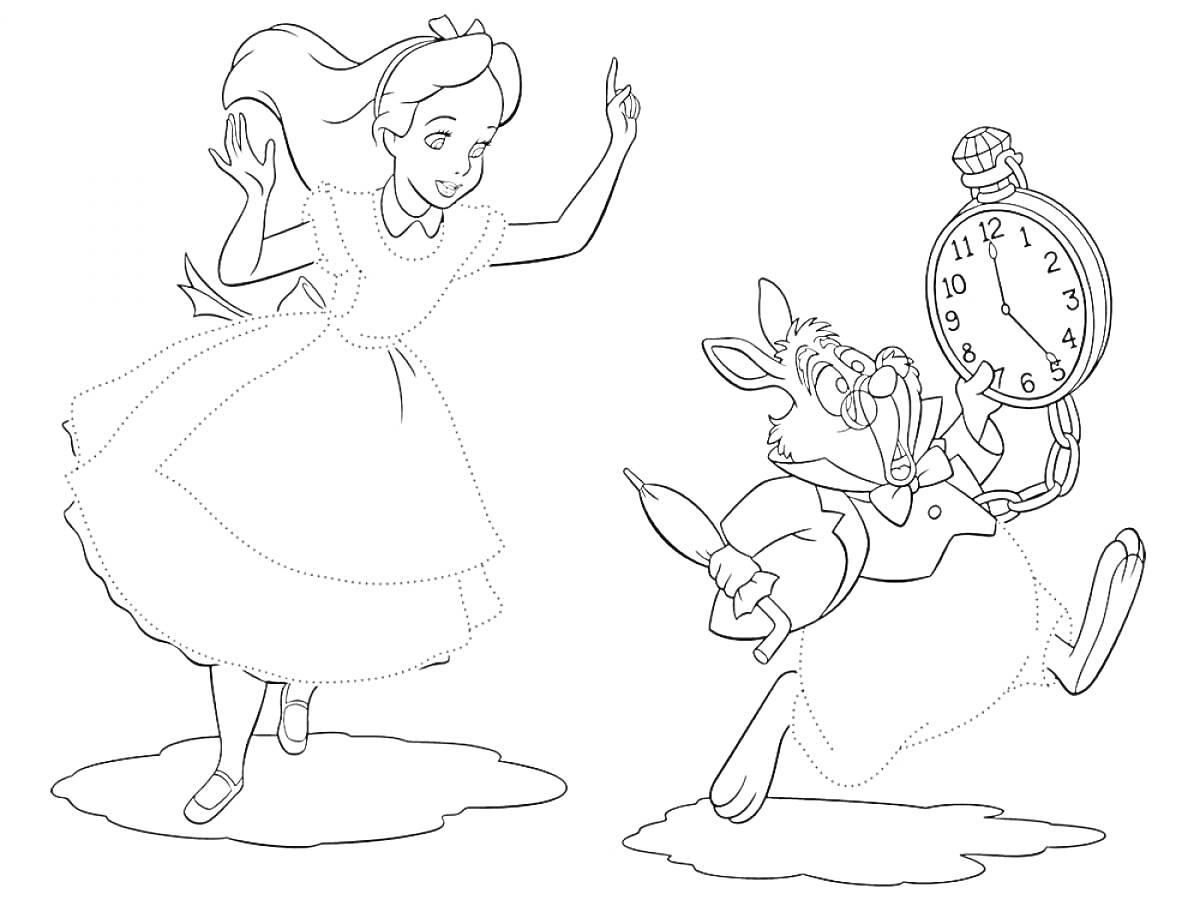 На раскраске изображено: Алиса, Алиса в Стране Чудес, Белый Кролик, Танец, Часы, Творчество, Из сказок, Для детей, Персонаж