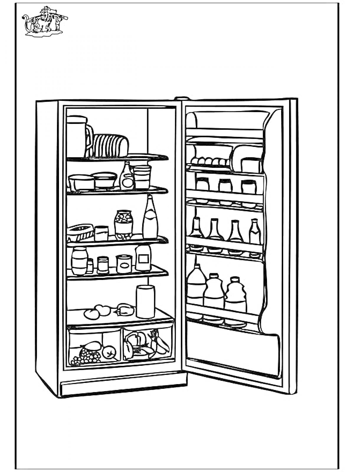 На раскраске изображено: Холодильник, Продукты, Овощи, Полки, Кухня, Сок, Яйца, Сыр, Напиток, Банка, Бутылка
