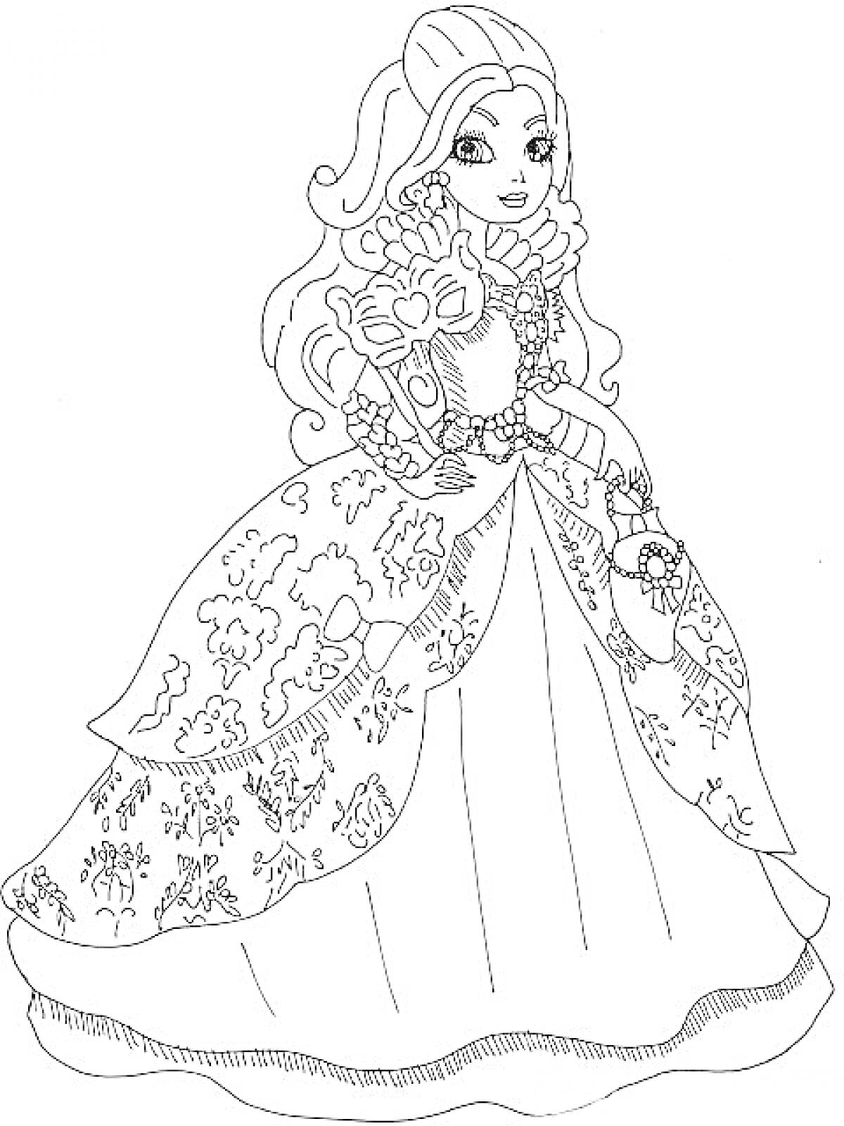 На раскраске изображено: Принцесса, Длинные волосы, Кружево, Узоры, Корона, Серьги, Для девочек
