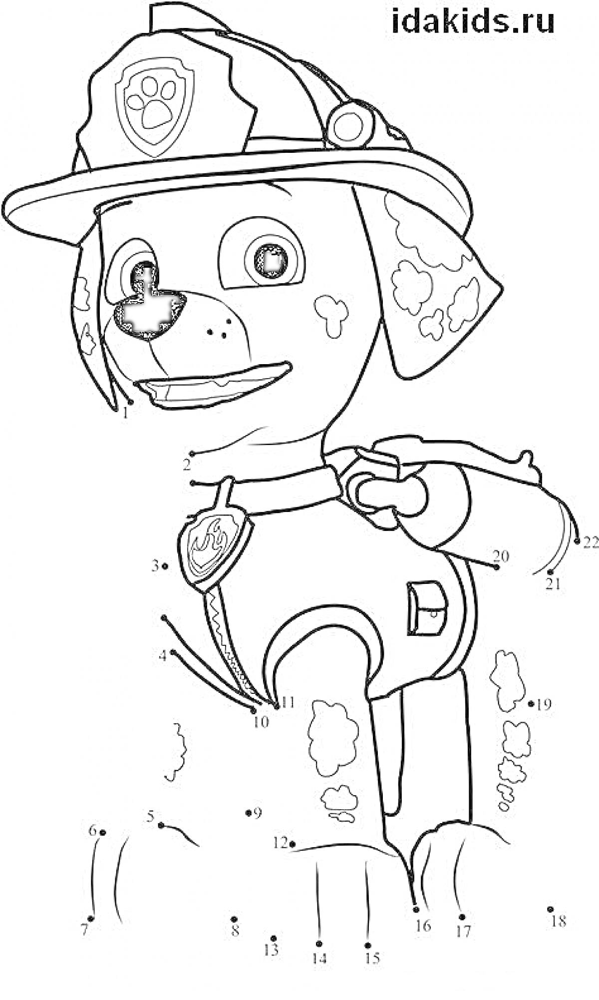 Раскраска Раскраска с маршалом из мультсериала, катающихся собак, шлем, ошейник, значок, цифры для раскрашивания.