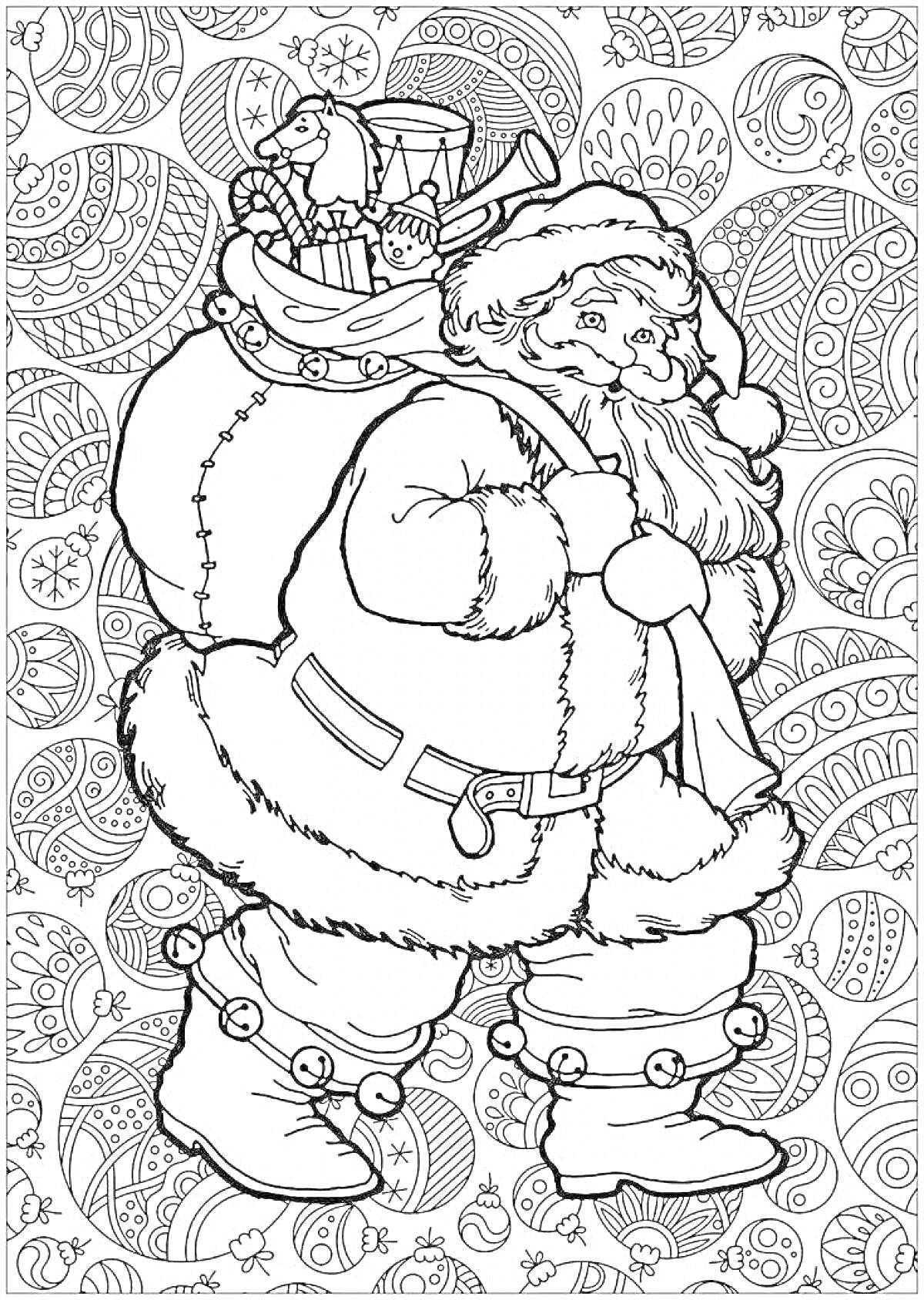 Раскраска Санта с мешком подарков на фоне новогодних узоров