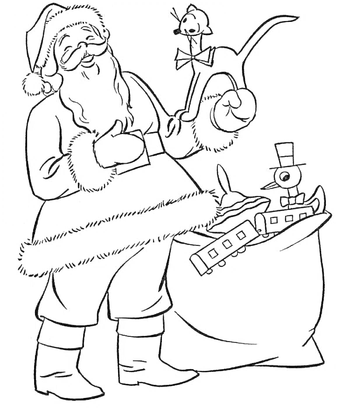РаскраскаСанта Клаус с мешком игрушек (олень, поезд, кузнечик)