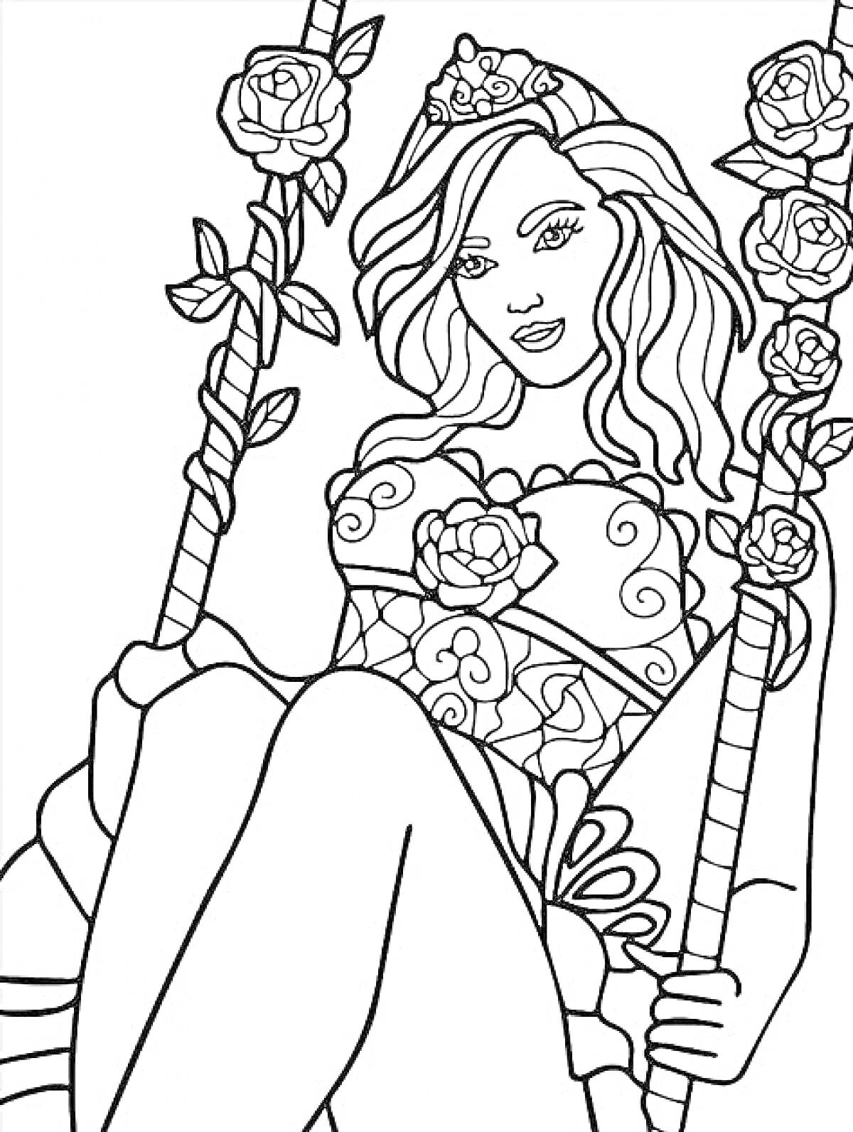 На раскраске изображено: Женщина, Качели, Цветы, Корона, Длинные волосы, Платье