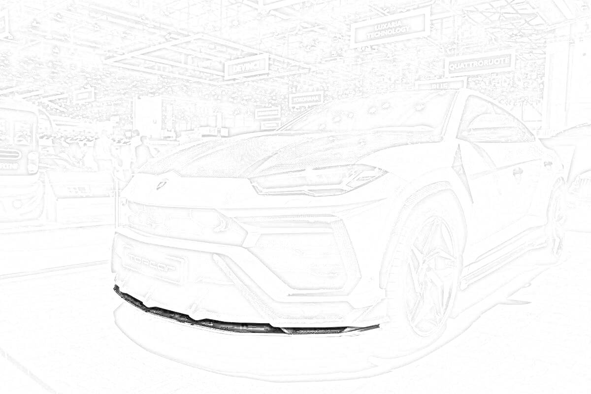 На раскраске изображено: Lamborghini Urus, Выставка, Спорткар