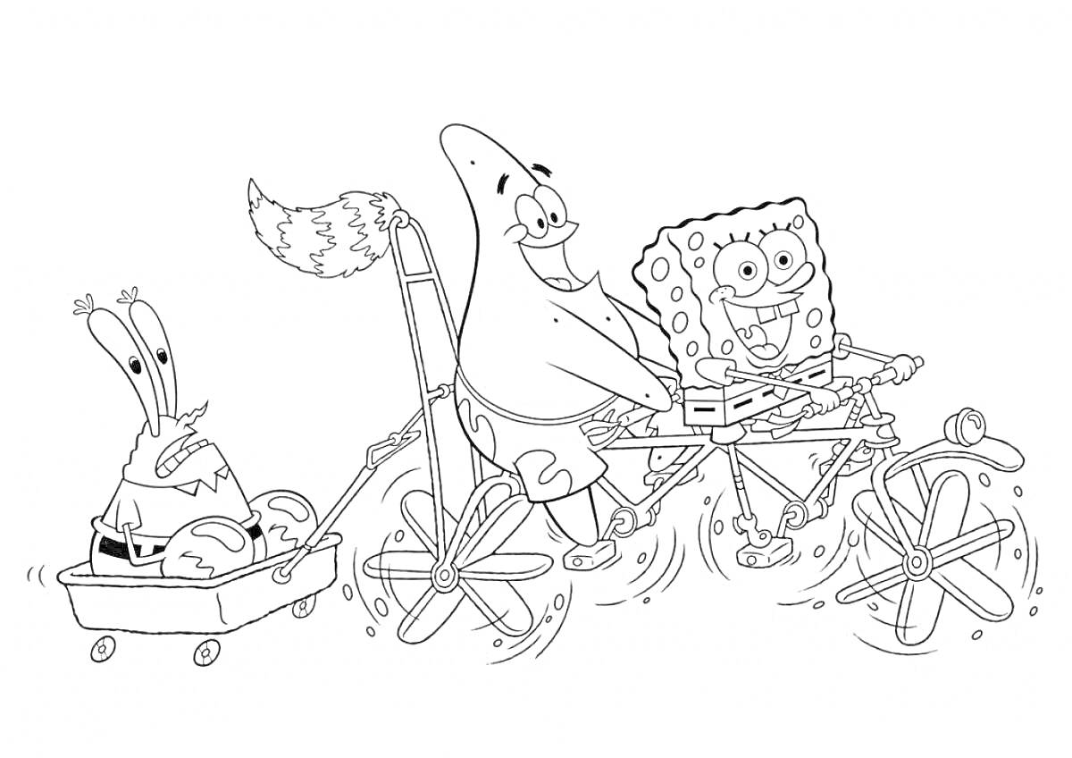 На раскраске изображено: Губка Боб, Патрик, Мистер Крабс, Велосипед, Друзья, Подводный мир