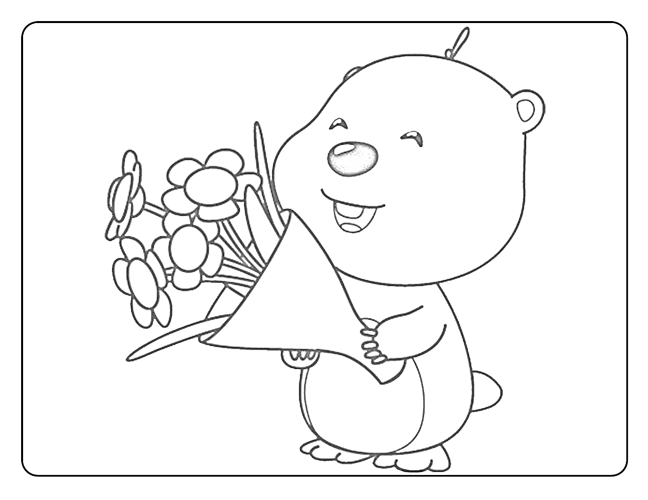 Медвежонок Хари держит букет цветов