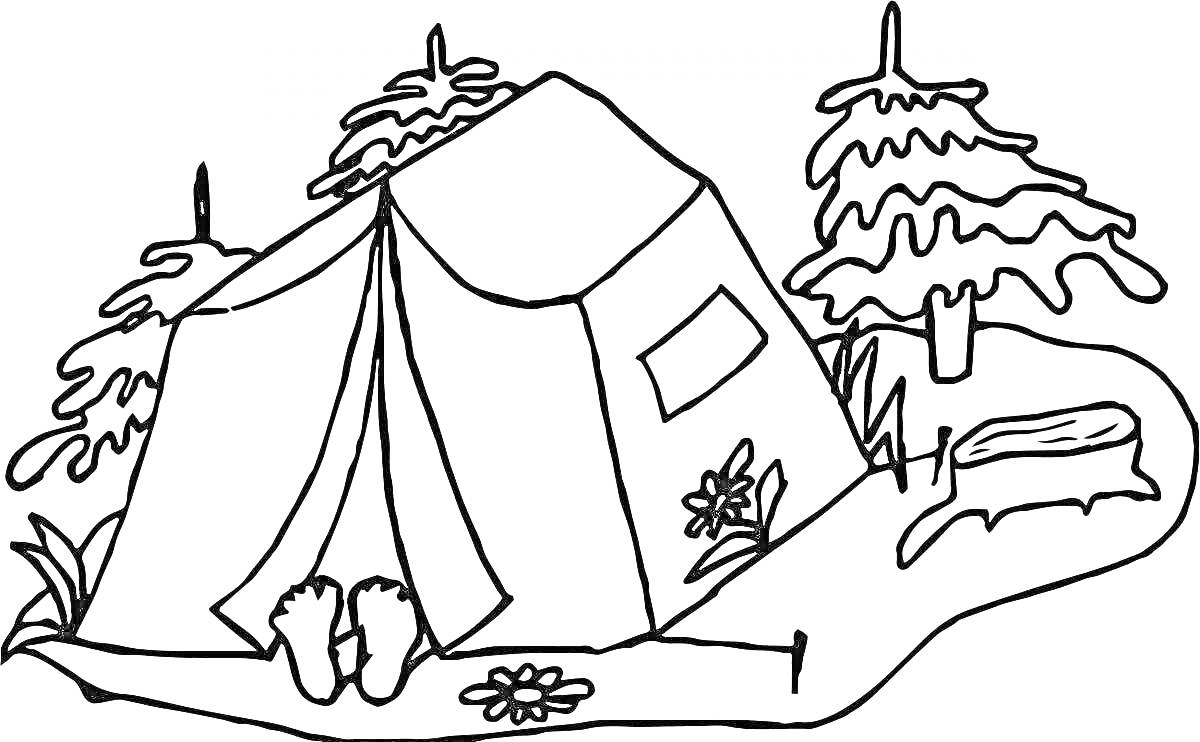На раскраске изображено: Палатка, Лес, Деревья, Цветы, Ноги, Природа, Поход, Бревно, Костер, Кемпинг