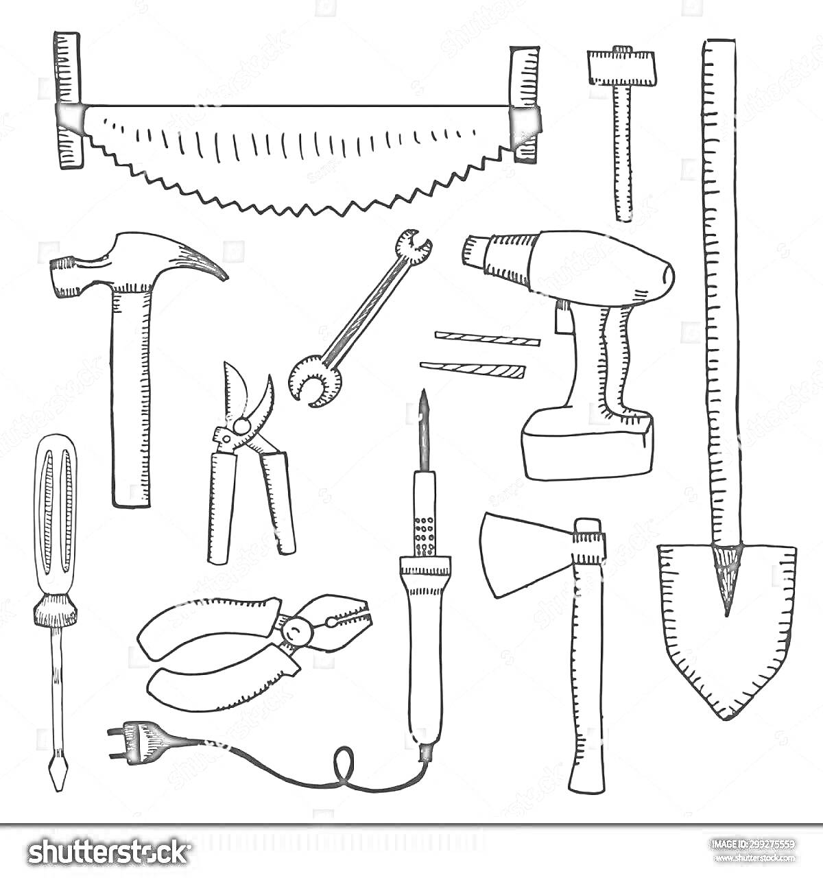 Раскраска Пила, молоток, ножницы, гаечный ключ, дрель, лопатка, отвертка, плоскогубцы, электролобзик, топор, сверло