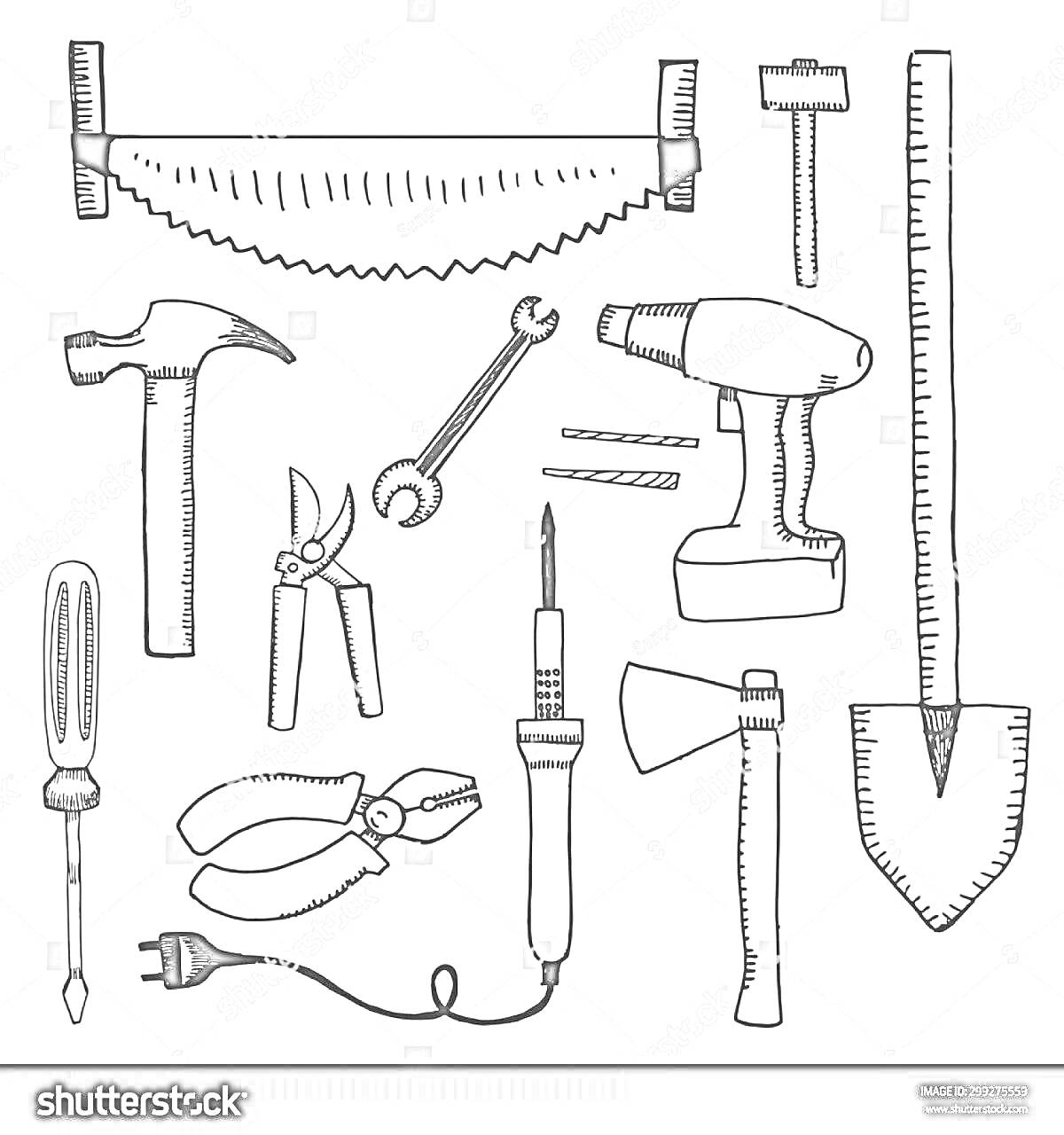 На раскраске изображено: Пила, Молоток, Ножницы, Гаечный ключ, Дрель, Отвертка, Плоскогубцы, 4-5 лет, Для детей, Инструмент, Лопата, Топоры