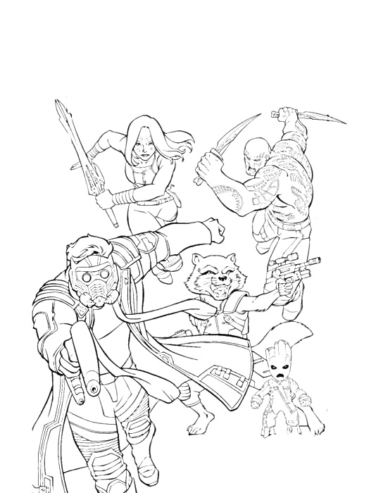 Раскраска Герои Стражей Галактики в боевой готовности — персонажи с оружием