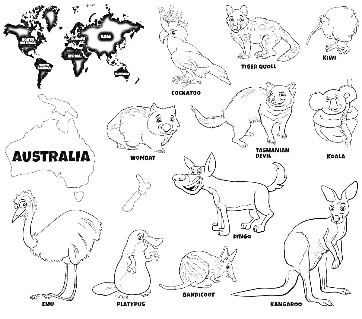 Раскраска Карта мира с Австралией, карта Австралии, какаду (Cockatoo), тасманский дьявол (Tasmanian Devil), коала (Koala), вомбат (Wombat), динго (Dingo), песчанка (Bandicoot), эму (Emu), утконос (Platypus), кенгуру (Kangaroo), морская свинка (предположительно) (пр