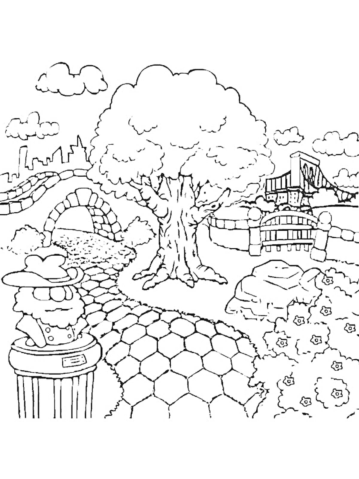 Раскраска Сад с большими деревьями, мостом, каменной дорожкой и статуей с кисточкой шляпы