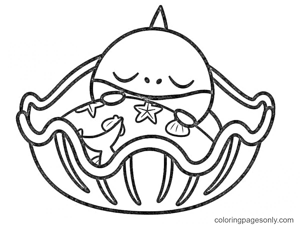 Раскраска Спящий акуленок в раковине с подушкой, украшенной морскими звездами и ракушками