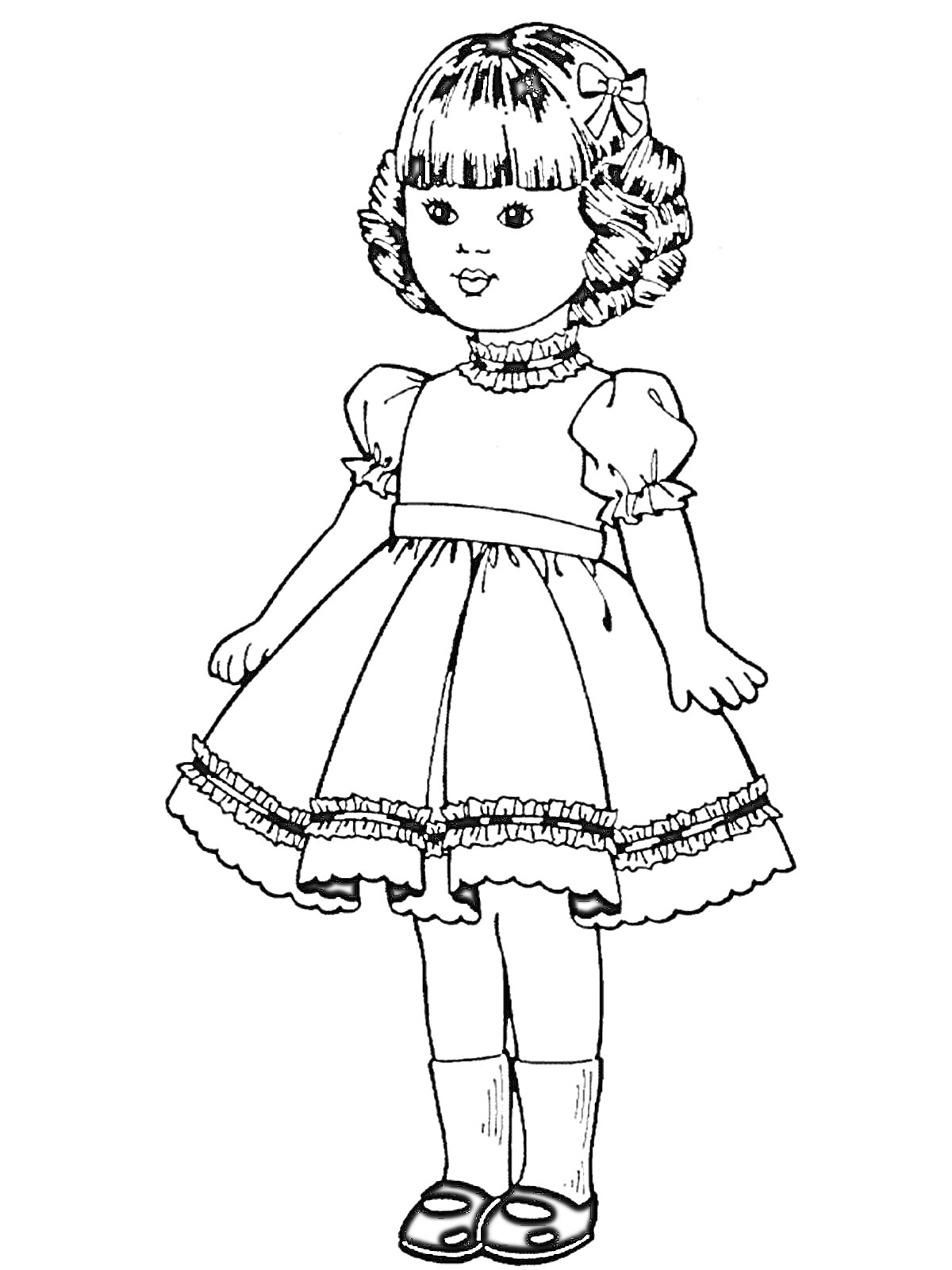 Раскраска Кукла в платье с бантом в волосах