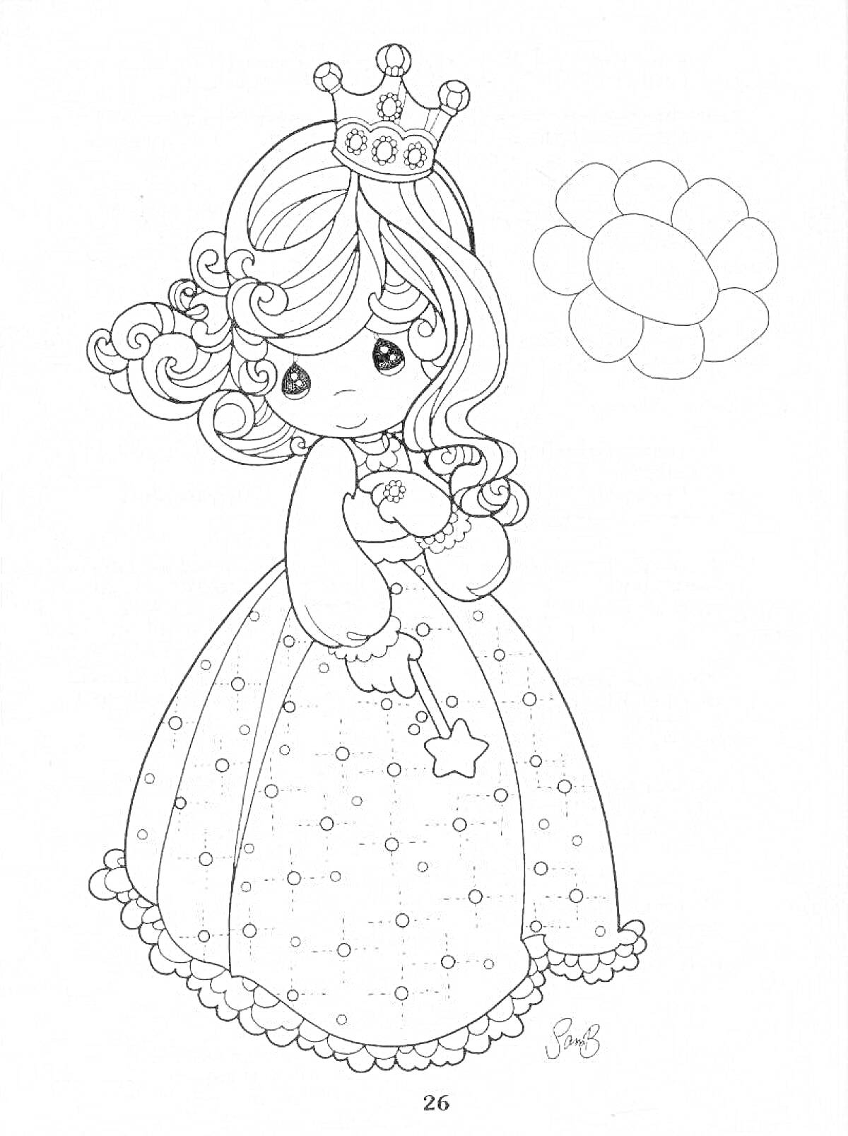 Раскраска Принцесса с волшебной палочкой в длинном платье и короне, цветок на заднем плане
