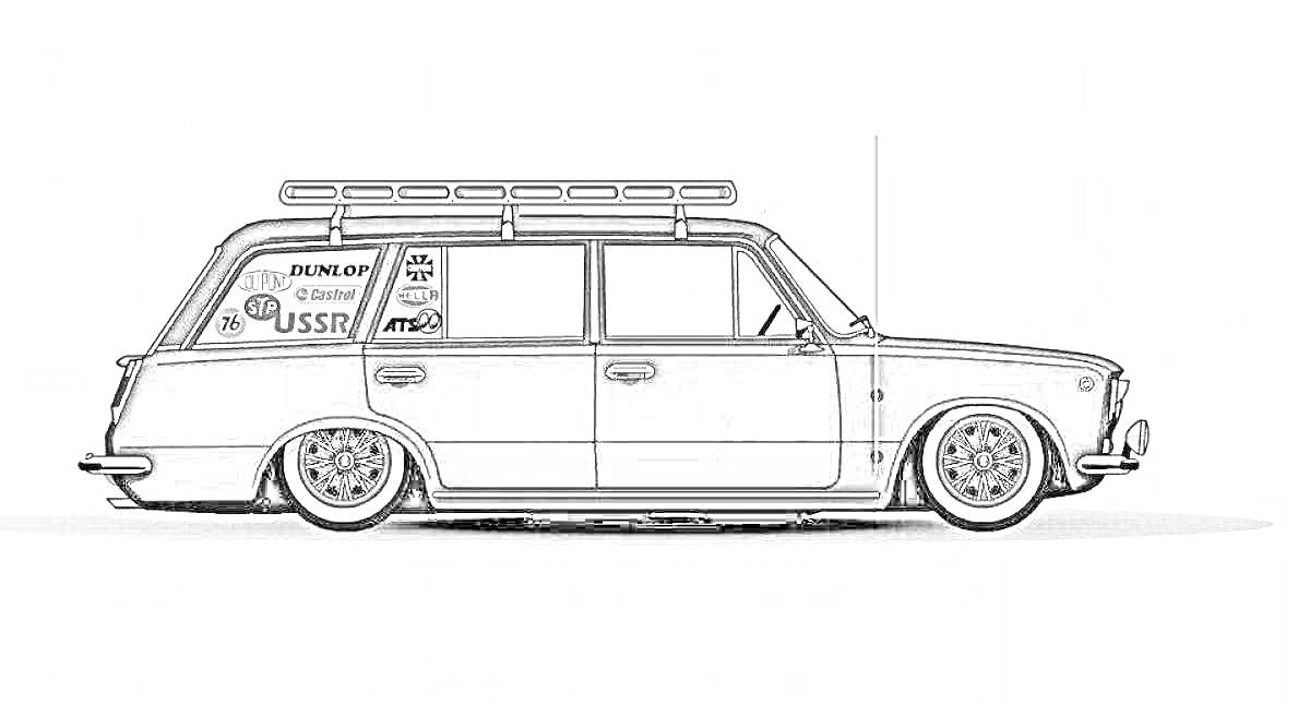 Раскраска Ваз 2102 с багажником на крыше и наклейками на боковом окне