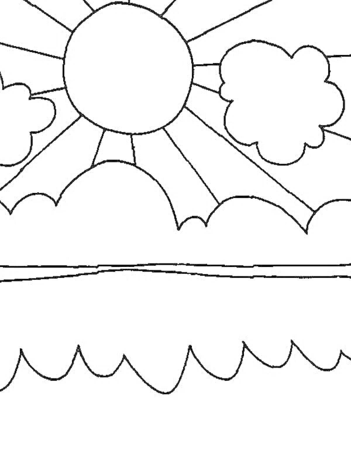 На раскраске изображено: Утро, Солнце, Облака, Рассвет, Волны, Природа, Пейзаж, Для детей