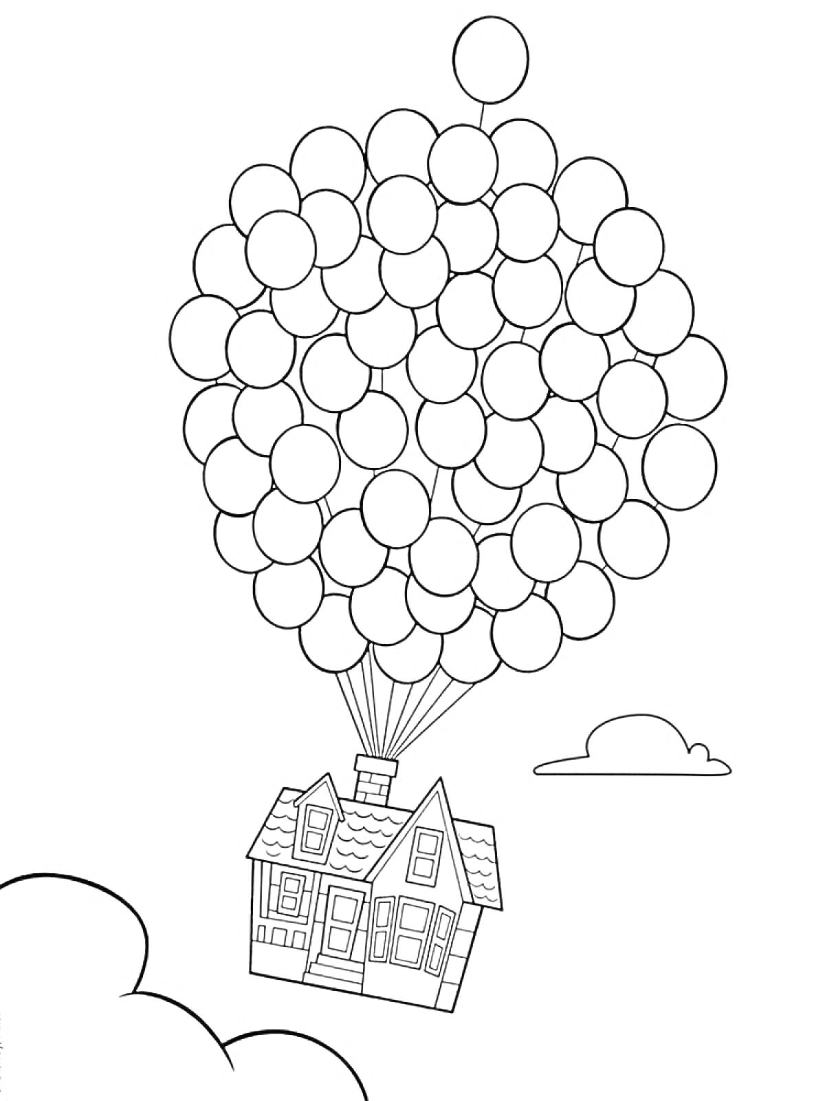 Раскраска Дом, привязанный к воздушным шарам, летящий в небе с облаками