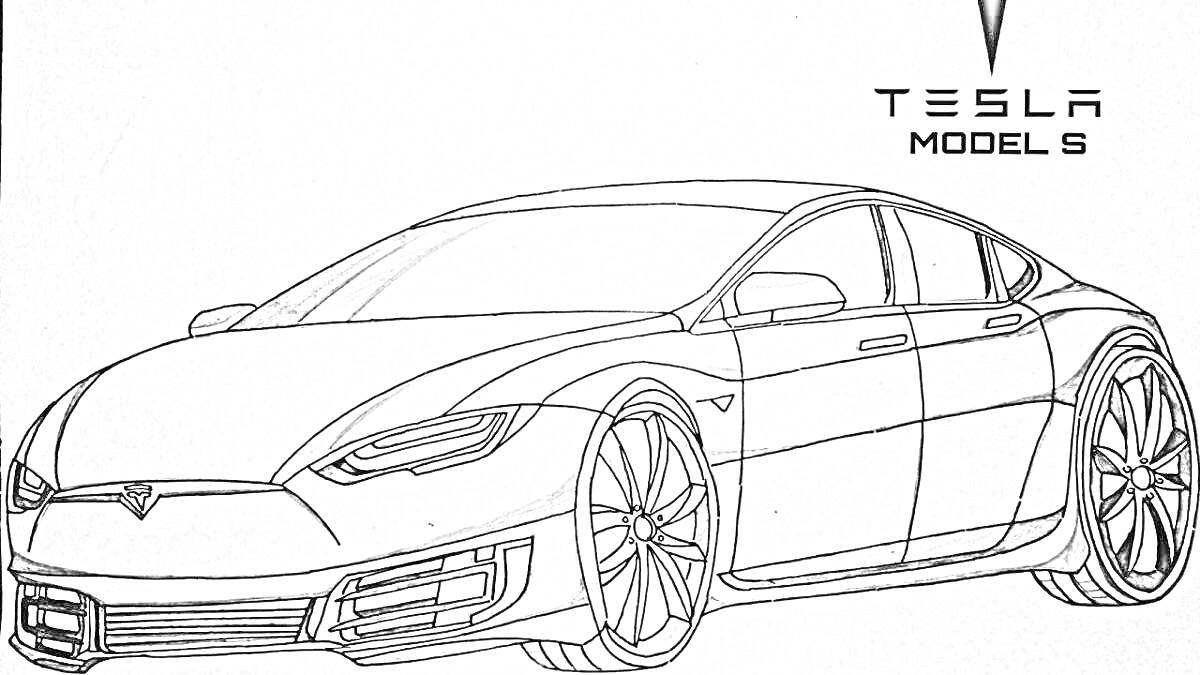На раскраске изображено: Tesla, Электромобиль, Транспорт, Авто, Логотипы