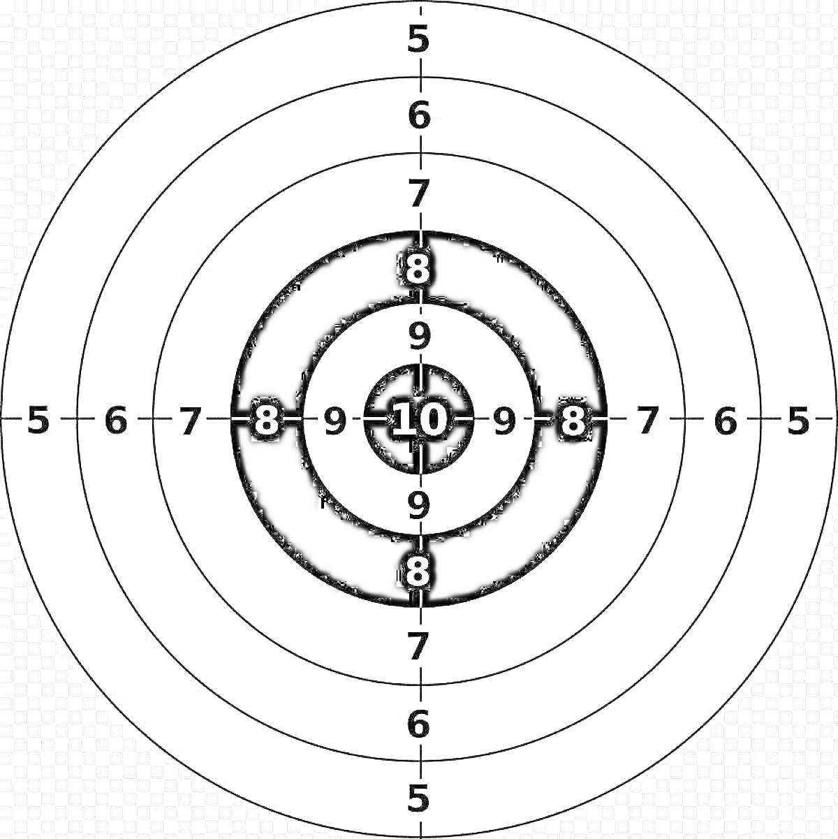 Раскраска мишень для стрельбы с нумерацией от 5 до 10 и кругами черного и белого цвета