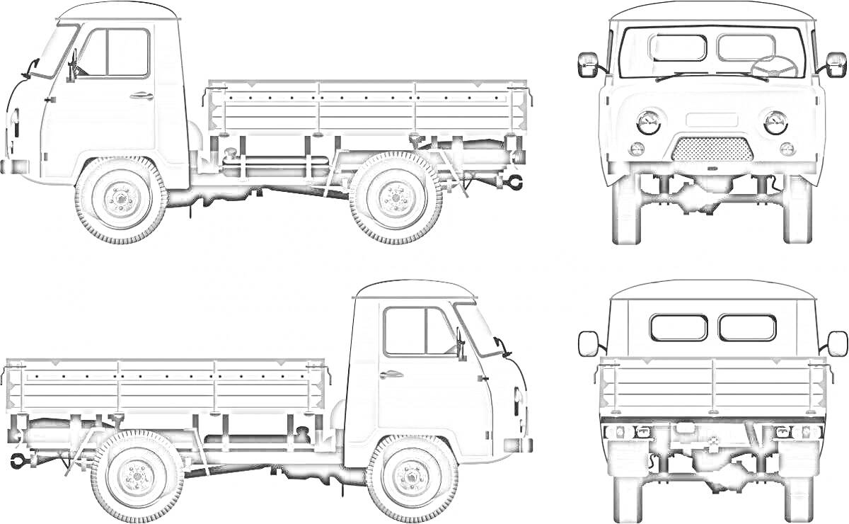 Раскраска Четыре проекции УАЗ-3303: вид сбоку слева, вид сбоку справа, вид спереди, вид сзади.